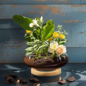 Two Clear Glass Round Planter Bowls with Wooden Trays - Image 5