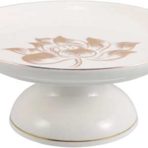 White Ceramic Footed Serving Plate with Golden Lotus Design