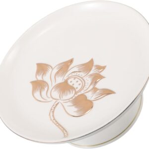 White Ceramic Footed Serving Plate with Golden Lotus Design - Image 6